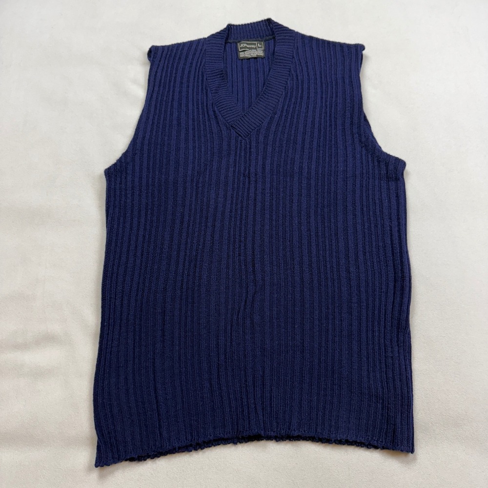 Vintage JCPenney Mens Large Navy Blue Ribbed V-Neck Sweater Vest Orlon Acrylic